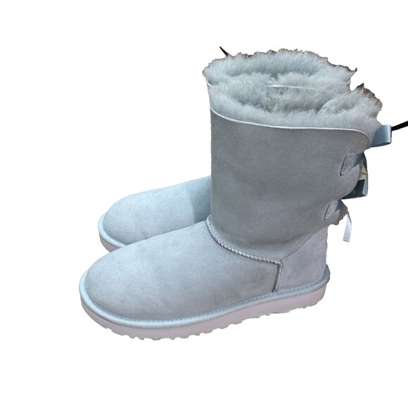 Womens 8 Ugg Boots Bailey Bow Ether Baby Blue Suede Sheepskin Coquette Very Rare - Picture 2 of 16